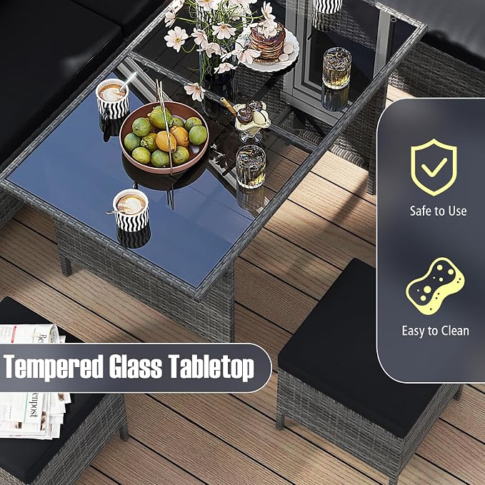 Tangkula 7 Pieces Patio Dining Furniture Set, Outdoor PE Rattan Sectional Sofa Set with Soft Cushions, Ottomans and Tempered Glass Table, Wicker Conversation Set (Mix Gray + Black)