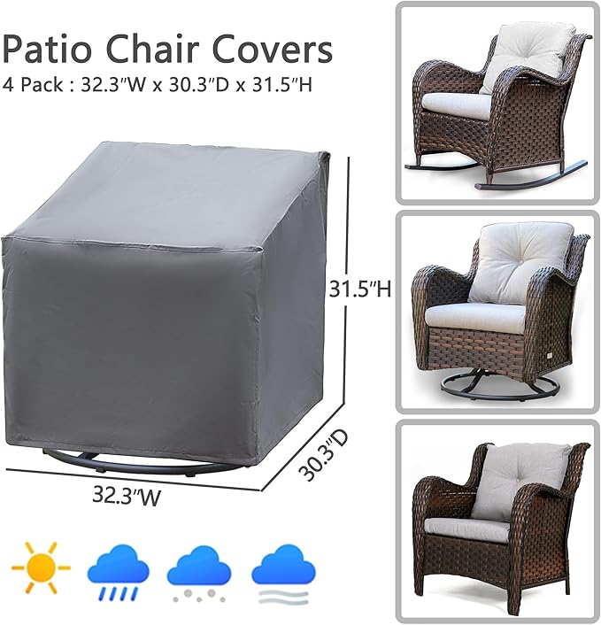 Patio Chair Covers 4 Pack, Outdoor Chair Covers Waterproof 600D Heavy Duty, All-Weather Patio Furniture Covers for Outdoor Swivel Chairs, Lawn Wicker Sofas & Rocking Chairs, Grey
