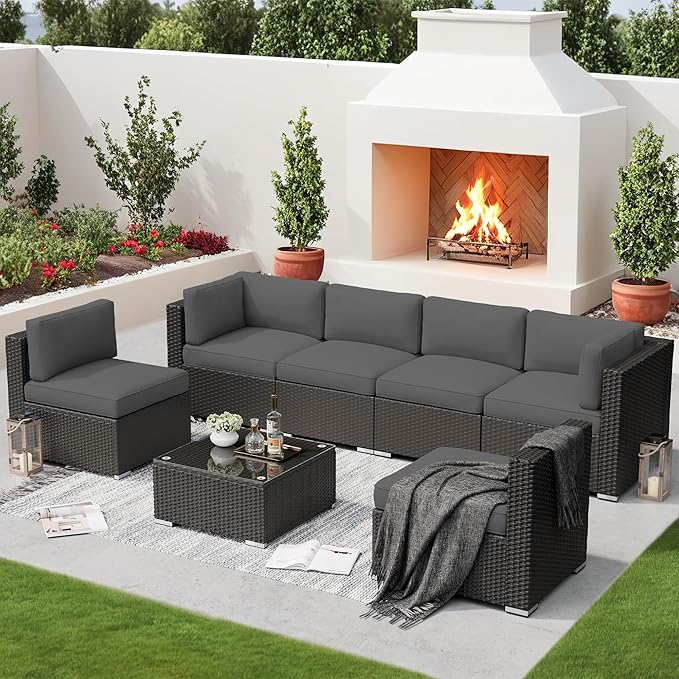 SUNCROWN 7-Piece Outdoor Patio Furniture Sofa Set All-Weather Black Wicker Sectional Conversation Set with Modern Glass Coffee Table and Cushions, Garden, Backyard, Deck, (Dark Grey)