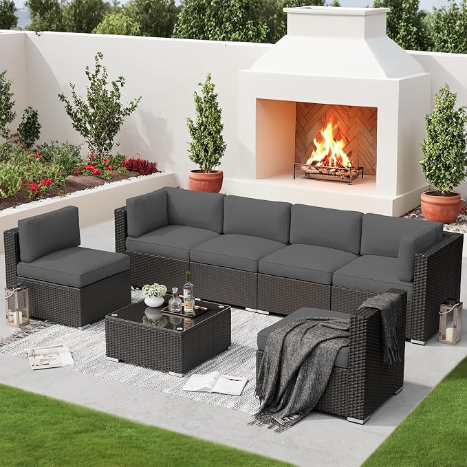 SUNCROWN 7-Piece Outdoor Patio Furniture Sofa Set All-Weather Black Wicker Sectional Conversation Set with Modern Glass Coffee Table and Cushions, Garden, Backyard, Deck, Poolside,Dark Grey