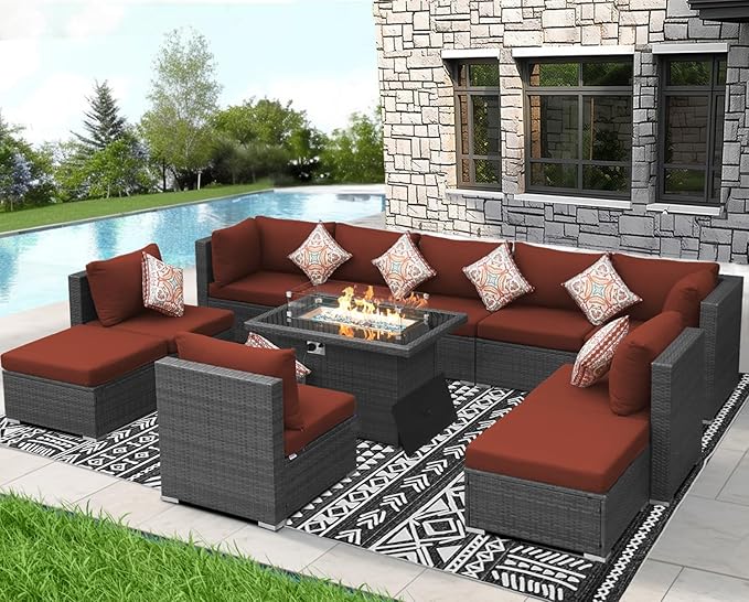 NICESOUL 11 Piece Outdoor Furniture Set with Firepit, Luxury 10-Seater Patio Sectional Sets, 29.3'' High-Back Backyard Seating Area, All-Weather Rattan Couch Set for Outside, Deck, Grey & Red