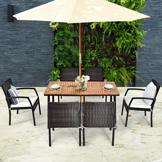 Tangkula 7 Pieces Outdoor Dining Set, Steel Frame Patio Dining Table Set w/ 6 Rattan Armrest Chairs, Modern Conversation Set w/Acacia Wood Top & Umbrella Hole for Backyard Garden Poolside