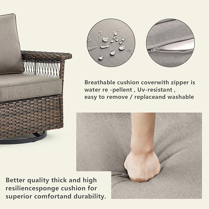 Outdoor Patio Rocking Swivel Chairs - 2PC Wicker Patio Furniture Rocker Chair Set,Rattan Glider Chair with Sturdy Frame,All-Weather PE Wicker and Cushions for Deck Porch Balcony(Brown/Grey)