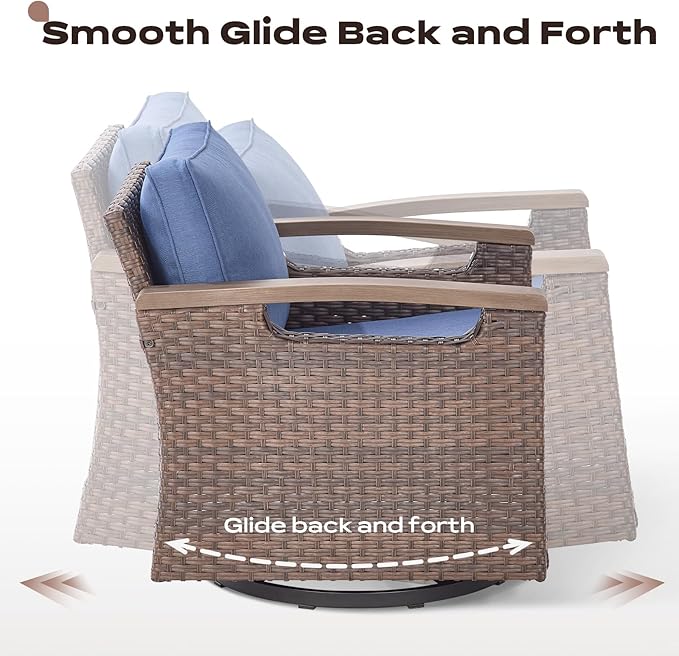 Rilyson Wicker Outdoor Patio Furniture Set - 8 Piece Patio Conversation Sets with Swivel Rocker Chairs, Chairs, Ottomans, Sofa and Coffee Table, Thick Cushions, for Porch Deck Brown/Blue