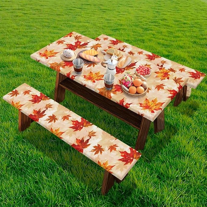 Fall Table Cover with Bench Covers Washable Rectangle Table Cover Outdoor Patio Camping Essentials Picnic Table and Chair Decorative Cover Suitable for Fall Thanksgiving