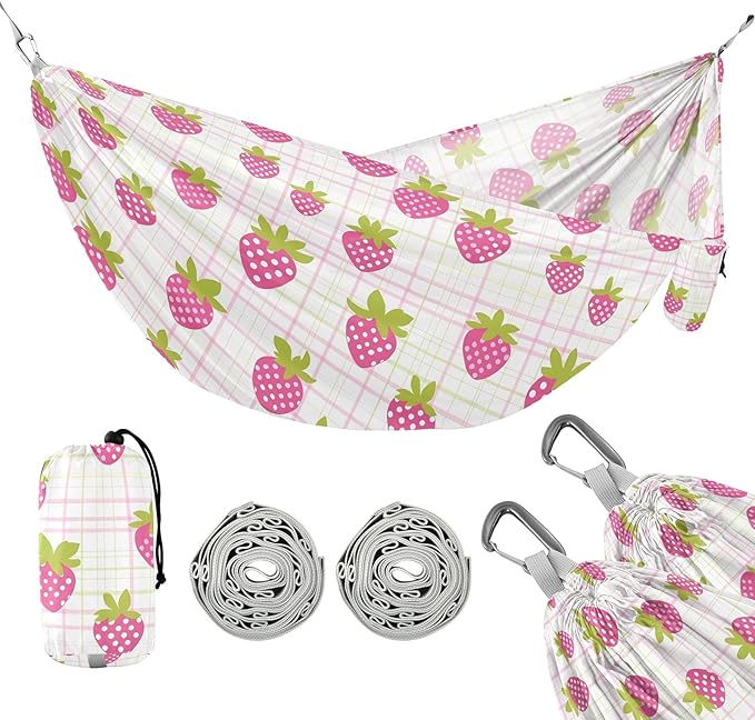 Camping Hammock Outdoor Hammocks for Outside Strawberries Lattice Beach Trees Portable Lightweight with Pockets Tree Straps Indoor Small