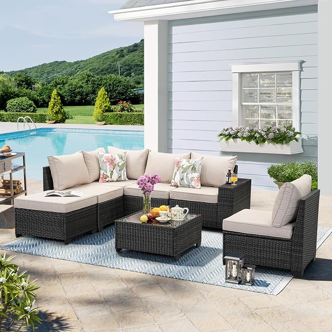 7 Pieces Patio Furniture Set, Wicker PE Rattan Outdoor Sectional with Cushion & Coffee Table, Patio Conversation Sofa for Garden, Backyard, Poolside, Beige