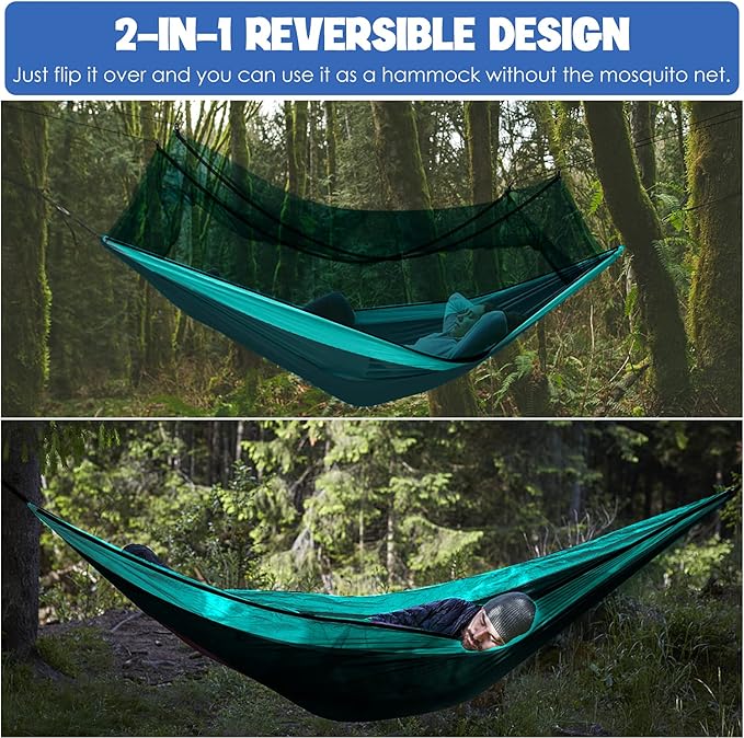 Gold Armour Camping Hammock - Camping Essentials, Double Hammock with Bug Net, Camping Gear Hammock for Outside, Hiking, and Travel (Turquoise & Seafoam)