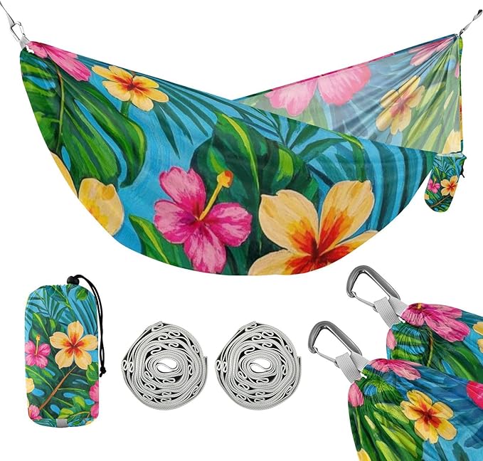 Colorful Summer Hawaiian Flowers 330lb Capacity Camping Hammocks with Hanging Rope Swing Hammock for Outside Patio Garden amacas para patios con Base de adultos