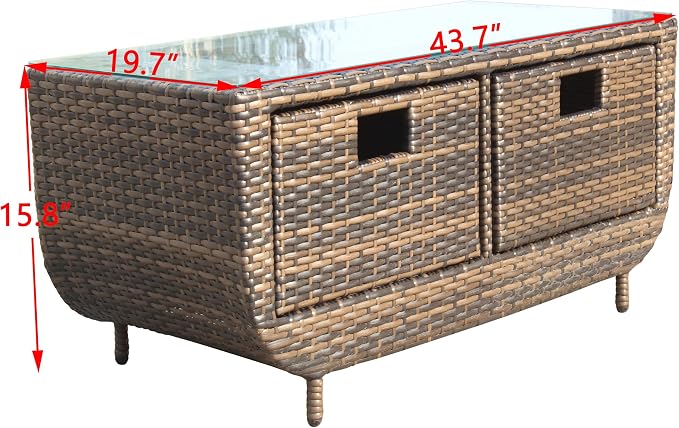 Outdoor PE Rattan Coffee Table, 43.7" Large Rectangular Patio Wicker Coffee Table with Tempered Glass Top, Low Profile Outdoor Side Table for Backyard Deck Balcony Garden Lawn, 150 lbs Capacity