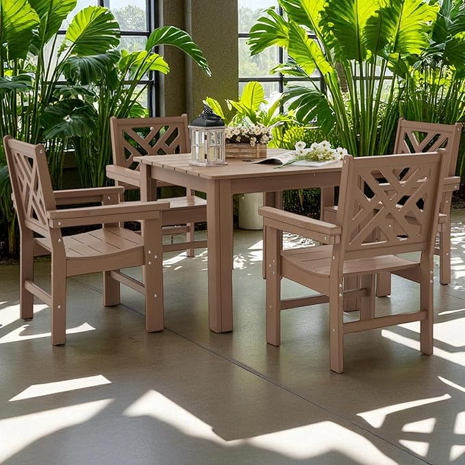 HDPE Outdoor Dining Set,5-Piece Outdoor Table and Chairs Include 4 Armchair Chairs and 32.5" Square Patio Dining Table with Umbrella Hole (Brown)