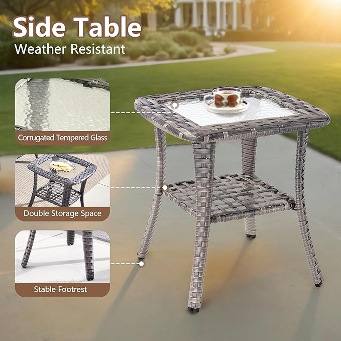 3 PCS Outdoor Patio Furniture Set with Side Table, All-Weather Rattan Wicker Outdoor Conversation Set with Thickened Cushions for Balcony Backyard Garden Lawn,Grey