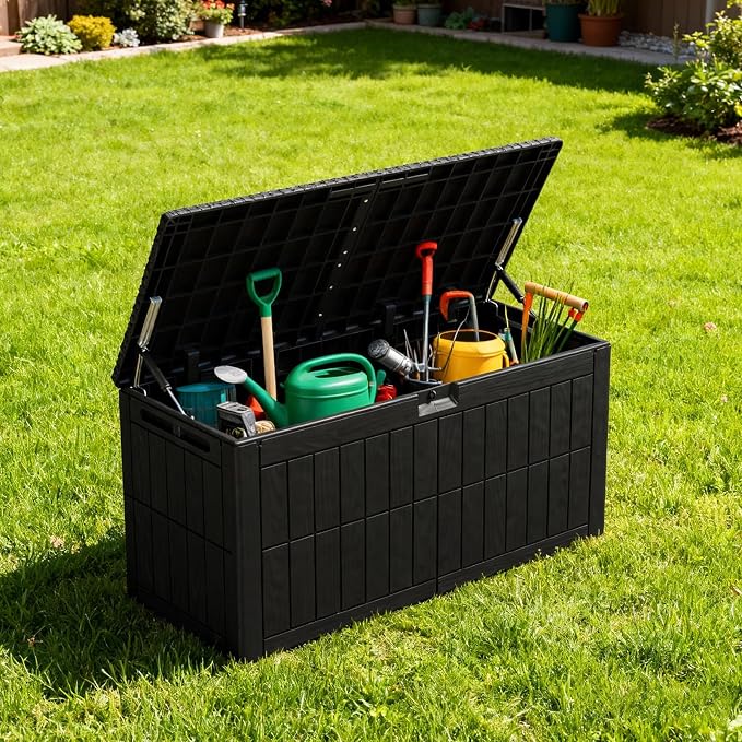 100 Gallon Large Deck Box, Outdoor Resin Storage Boxes for Patio Furniture, Outdoor Cushions, Garden Tools, Water Resistant and Lockable, 48.03 x 24.02 x 21.26 in, Black