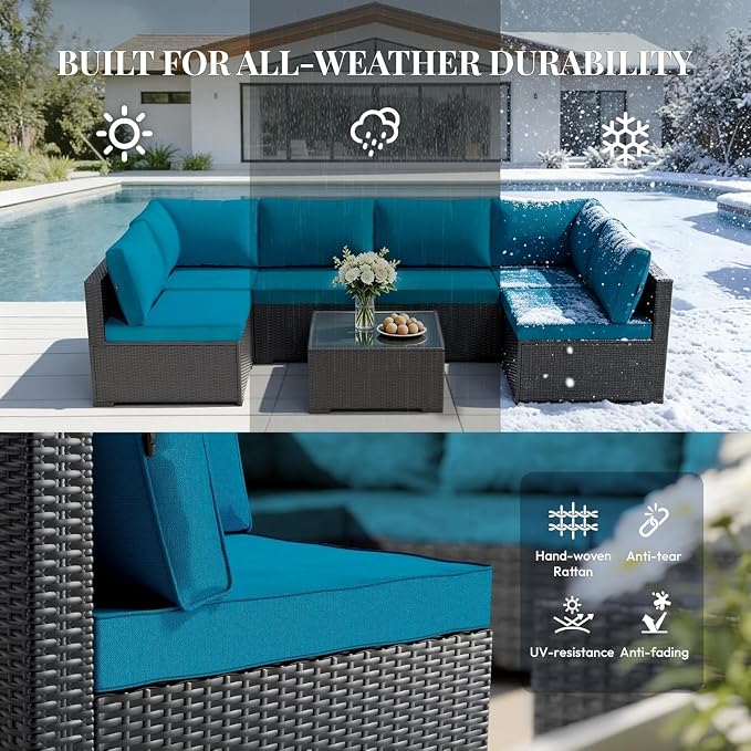 7 Piece Modular Sectional Sofa Peacock Blue Outdoor Patio Furniture Set All Weather Wicker Rattan Patio Conversation Sets for Backyard Garden Poolside Balcony Porch Patio
