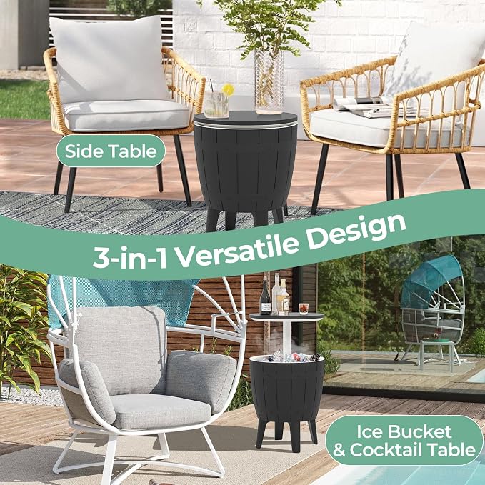 10 Gallon Cooler Table, Cool Bar Table with Height Adjustable Tabletop & Drainage Plug, 3-in-1 Cocktail Drinks & Wine, Outdoor Cooler Side Table for Backyard, Party, Poolside (Black)