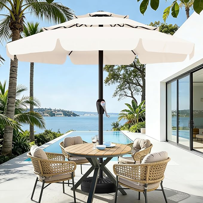 AreShark 12FT 3-Tiers Patio Umbrella with Valance, Outdoor with Crank, Large Outdoor Market Umbrellas Vented with 8 Sturdy Ribs, Patio Table Umbrellas for Garden, Deck, Backyard, Pool, Cream White