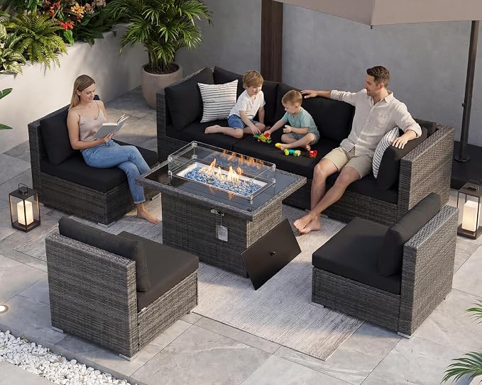 BULEXYARD 7 Piece High Back Outdoor Furniture Set with Fire Pit, Durable All Weather Wicker Patio Couch Sofa Set, Oversized Modular 6-Seater Sectional Backyard Seating Wide Deep for Lawn, Grey & Black