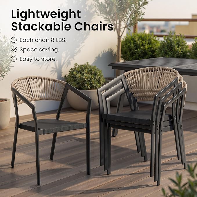 9-Piece Aluminum Patio Dining Set with 8 Stackable Wicker Chairs | 83" Rectangular Outdoor Table with Barrel Brown Chairs Weather Resistant Furniture for Backyard, Deck, Poolside
