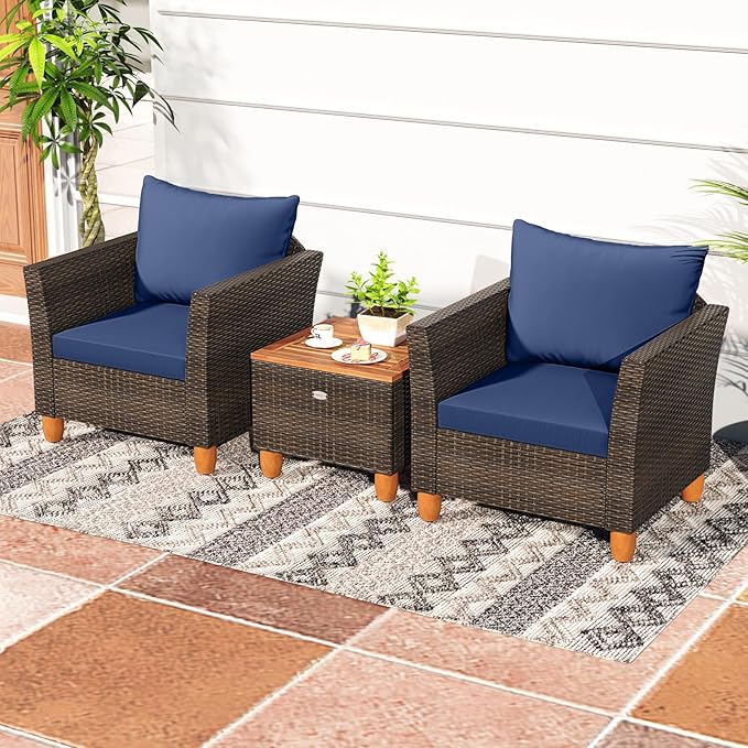 HAPPYGRILL 3-Piece Patio Conversation Furniture Set Outdoor Wicker Sofa Set with Soft Cushions & Coffee Table for Balcony Backyard Porch