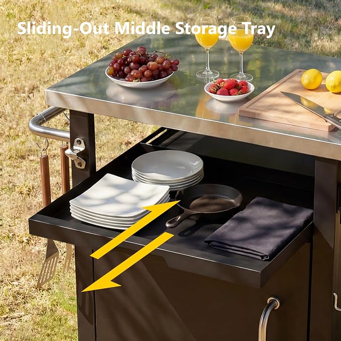 Outdoor Deck Box Storage Cabinet with Stainless Steel Top, 39.5 Inch Patio Prep Station and Grill Cart with 4 Locking Wheels, Propane Tank Storage and Waterproof Cover, Black Finish