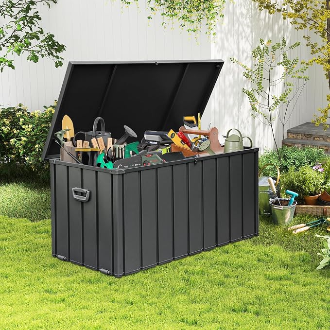 Domi 150 Gallon Deck Box, Metal Outdoor Storage Box with Lock Wheels, Waterproof Outside Storage Box for Patio Cushions