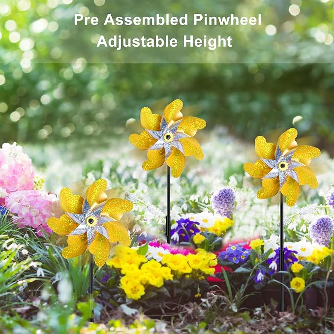 10 Pack Pre-Assembled Pinwheels for Yard and Garden, Gold/Silver | Wind Spinner Measures 19.7'' H x 6.8'' W, Reflective Surface Sparkles In Sunlight, Connect Stakes For Yard, Garden Or Lawn