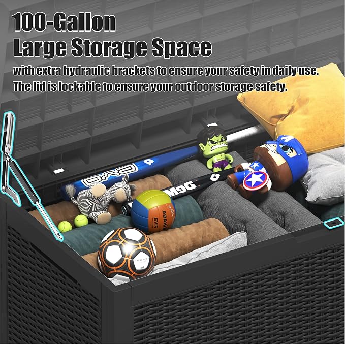 Greesum 100 Gallon Resin Deck Box Large Outdoor Storage for Patio Furniture, Garden Tools, Pool Supplies, Weatherproof and UV Resistant, Lockable, Black
