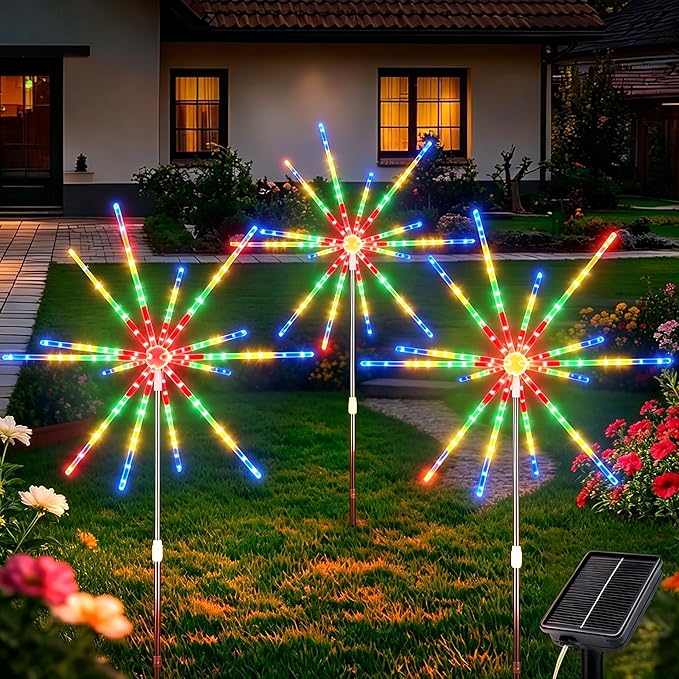 CCILAND Solar Firework Lights Outdoor, 3 Pack 336 LEDs Solar Starburst Garden Lights with Timer 8 Modes, Waterproof Decorative Lights for Yard Patio Walkway Pathway Party Wedding (Multicolor)