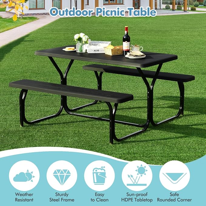 LDAILY Picnic Tables, Rectangular Picnic Table with Steel Frame, 2 Benches Set, HDPE Tabletop, Plastic Picnic Table for Outdoor, Camping, Patio, Lawn, Yard, Picnic Parties (Black)