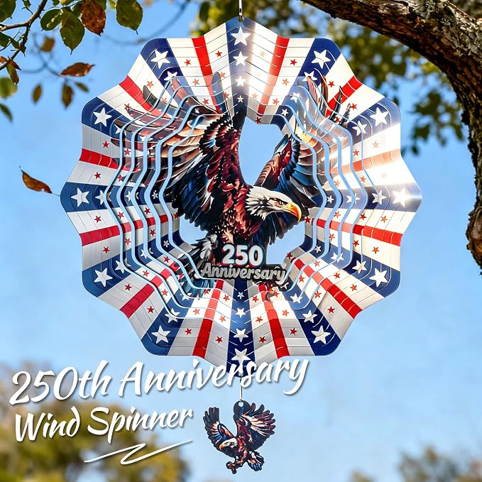 250th Anniversary American Eagle Flag 12 Inch Wind Spinner | Stainless Steel Outdoor Garden Decor with 3D American Flag Design, Hanging Yard Art for Patio & Indoor, Gifts for Men & Dad
