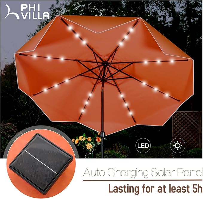 PHI VILLA 9ft Patio Umbrellas with 24 pcs LED Solar Lights, Outdoor Market Table Lighted Umbrella with 8 Steel Ribs, Tilt for UV-Resistant, Lotus Leaf Shape Canopy, Orange