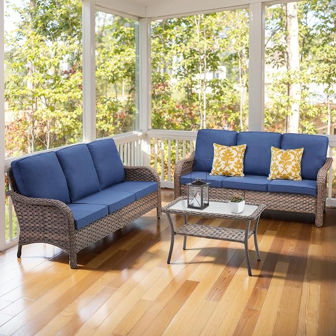3 PCS Patio Furniture Set, 2 Outdoor Wicker Sofas with Coffee Table, 4-Inch Thick Olefin Cushions & Curved Armrests, 300 lbs Capacity Rattan Conversation Set for Porch, Garden, Blue