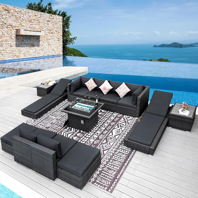 NICESOUL 13 Piece Patio Sectional w/Fire Pit, Modular Wicker Outdoor Couch w/Chaise Lounge, Large Size 29.3'' High-Back Deep Conversation Seating, All-Weather Backyard Movie Furniture, Dark Grey