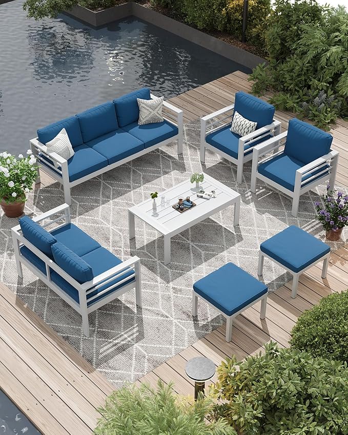 AECOJOY Aluminum Patio Furniture Set, 9 Seats Modern Outdoor Furniture with Coffee Table, 7 Pieces Metal Conversation Sectional Sofa, White Frame/Blue Cushion