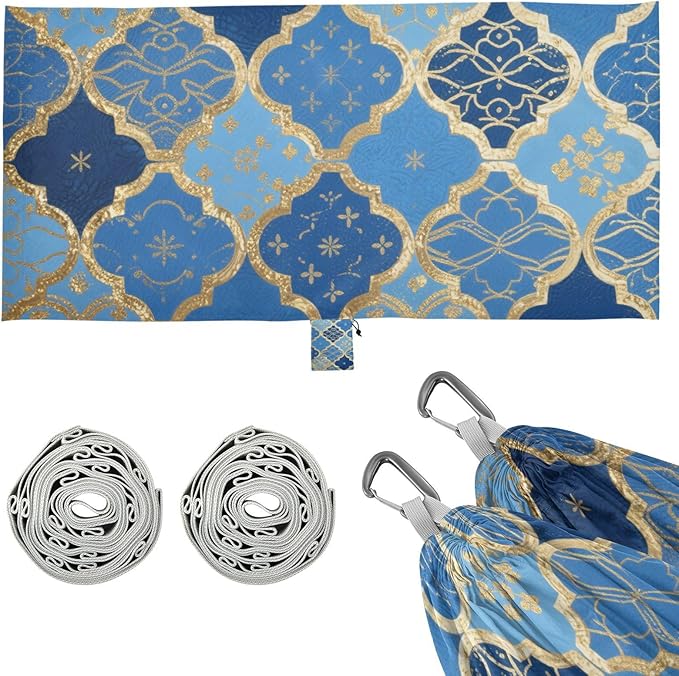Blue and Gold Japanese Vintage Flowers 330lb Capacity Outdoor Hammock with Hanging Rope Rope Hammock for Indoor Outdoor Patio para ir de Camping