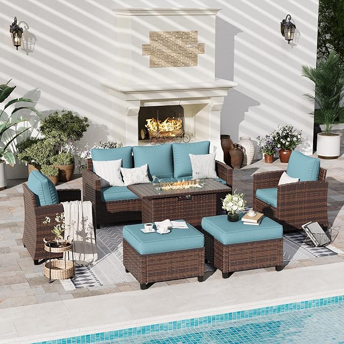 6 Pieces Patio Furniture Set with 44" Gas Fire Pit Table, Outdoor Sectional Conversation Sets, All-Weather Wicker Rattan Sofa w/Gas Fire Pit, Ottoman, Thick Cushion Light Blue