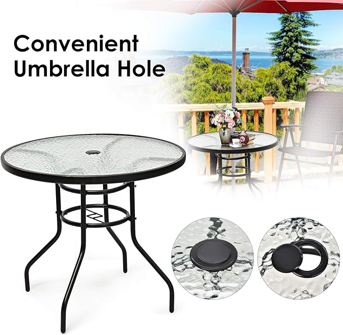 KOTEK 32'' Patio Table with Umbrella Hole, Outdoor Bistro Table w/Tempered Glass Top & Sturdy Metal Frame, Round Patio Dining Table Coffee Table for Garden, Balcony, Poolside
