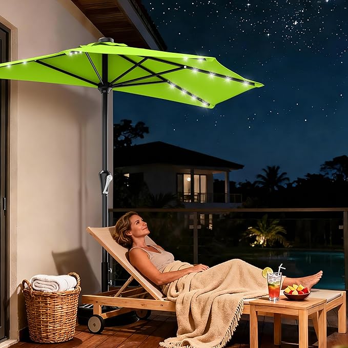 AreShark 9ft Patio Half Umbrellas with Solar Lights, 1/2 LED Half Outdoor Umbrella w/ 20 LED Lights, Lighted Table Wall Umbrella with Crank & 5 Sturdy Ribs for Market, Pool, Deck, Lawn and Garden, Apple Green