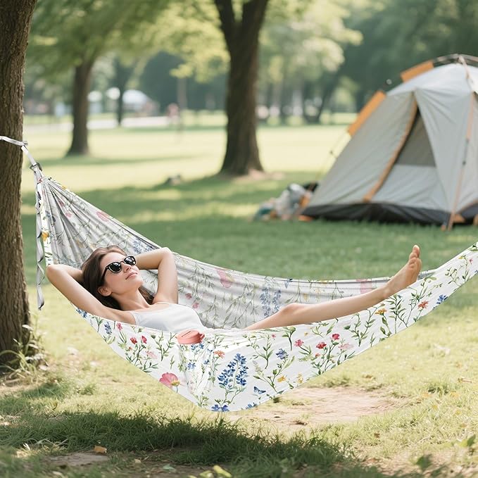 Camping Hammock Outdoor Hammocks for Outside Green Flower Grass Beach Trees Portable Lightweight with Pockets Tree Straps Indoor