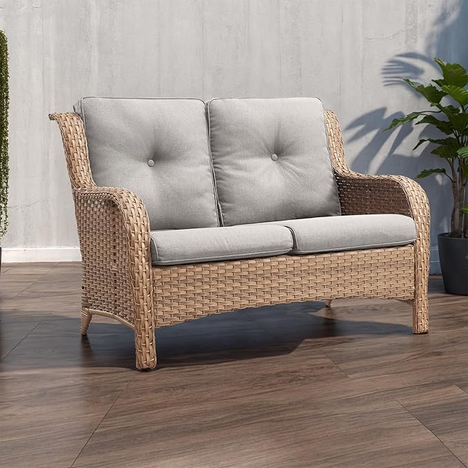 Rilyson Outdoor Loveseat Wicker Patio Sofa - 2 Seat Rattan Outdoor Couch Patio Furniture with Deep Seating and Comfortable Cushions for Porch Deck Balcony(Yellow/Beige)