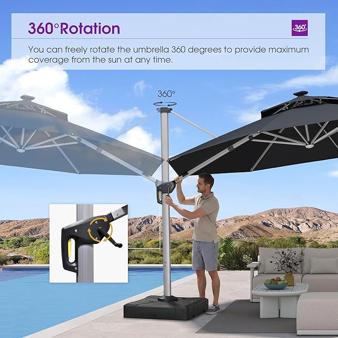 PURPLE LEAF 13ft Patio Umbrella with Lights Outdoor Round Large Cantilever Umbrella Solar Powered LED Windproof Offset Umbrella Heavy Duty for Garden Deck Pool Patio, Black