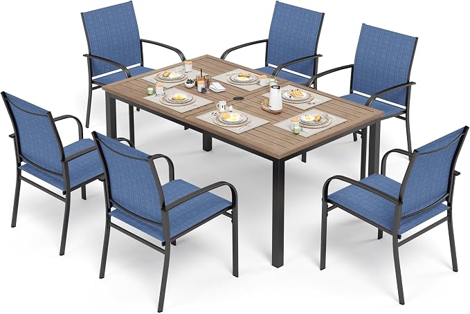 SUNSHINE VALLEY 7 Piece Outdoor Dining Set, Rectangular Wood-Like Table with Umbrella Hole, Patio Dining Set for Outdoor Kitchen Lawn Garden,Backyard,Deck
