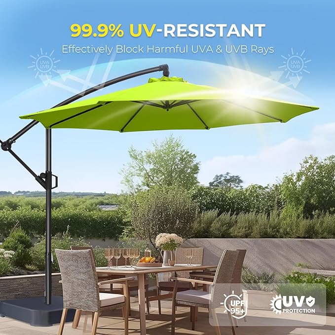 HOMSHADE 10ft Offset Patio Umbrella with Base Included, Cantilever Offset Hanging Patio Outdoor Market Umbrella UPF50+ UV Protection with Easy Tilt and Crank for Pool Deck and Garden(Apple Green)