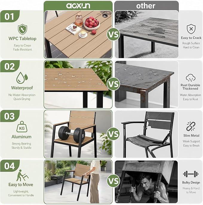 Outdoor Table and Chairs for 4 Aluminum Patio Dining Set with Umbrella Hole | All Weather,HDPS Material,Oversized,5 Piece,for Backyard,Rot-Fade-Crack Proof,Maintenance-Free,Sturdy,Heavy-Duty,Chocolate