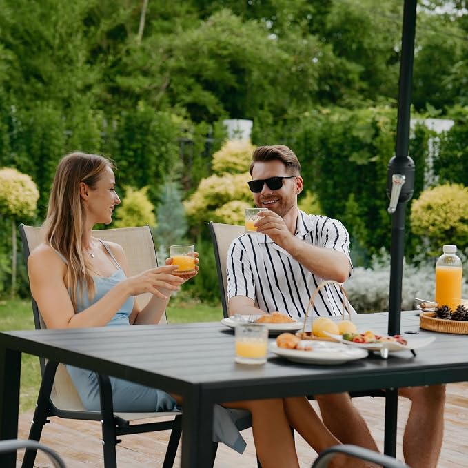 PIZZELLO Patio Dining Table for 8, 83" Rectangular Outdoor Patio Tables with Wood-Like HIPS Slat Top, All Weather Metal Outdoor Dining Table w/Umbrella Hole for Lawn Backyard Garden, Black
