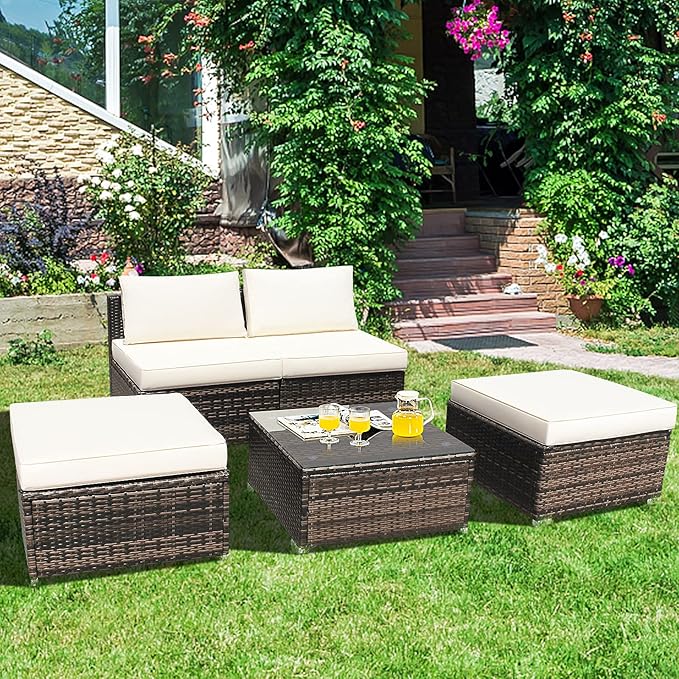 Tangkula 5 Piece Wicker Lounge Chair Set, with Tempered Glass Coffee Table, Outdoor Conversation Sets w/Washable Zippered Cushions, Includes 2 Armless Sofas, 2 Ottomans and 1 Side Table