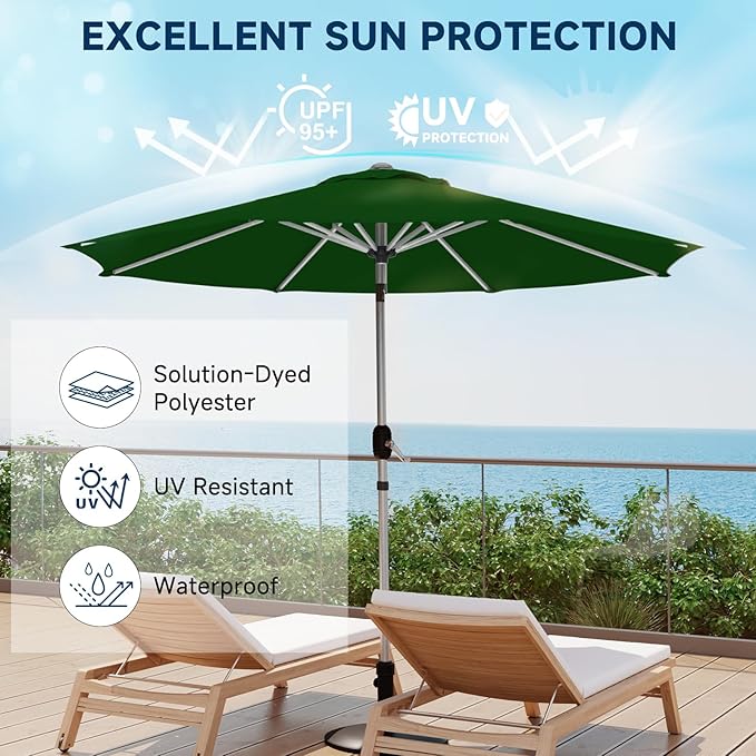 10FT Aluminum Outdoor Patio Umbrella, Fade-Resistant Market Umbrella with Push Button Tilt Function, 8 Sturdy All-Aluminum Ribs for Gardens, Patios, Backyards & Pools