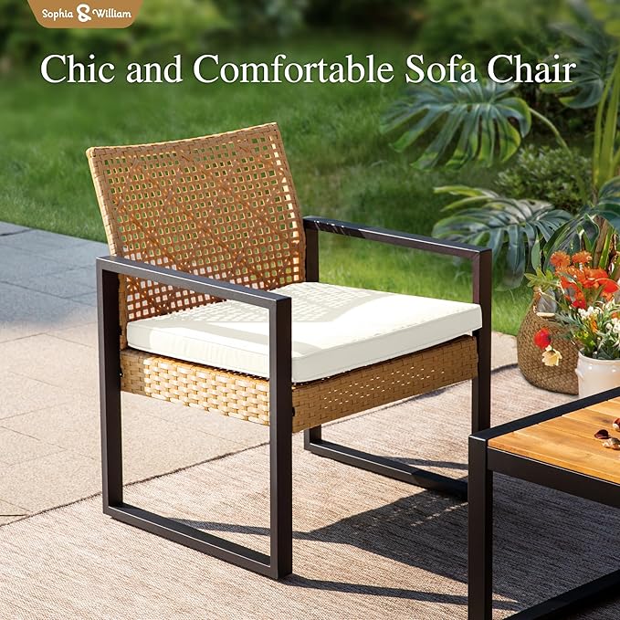 Sophia & William 4 Pieces Patio Conversation Set, Wicker Outdoor Furniture Set for 4, All Weather Outdoor Seating Set, Rattan Loveseat & Chairs with Cushions & Coffee Table，Yellow and Beige