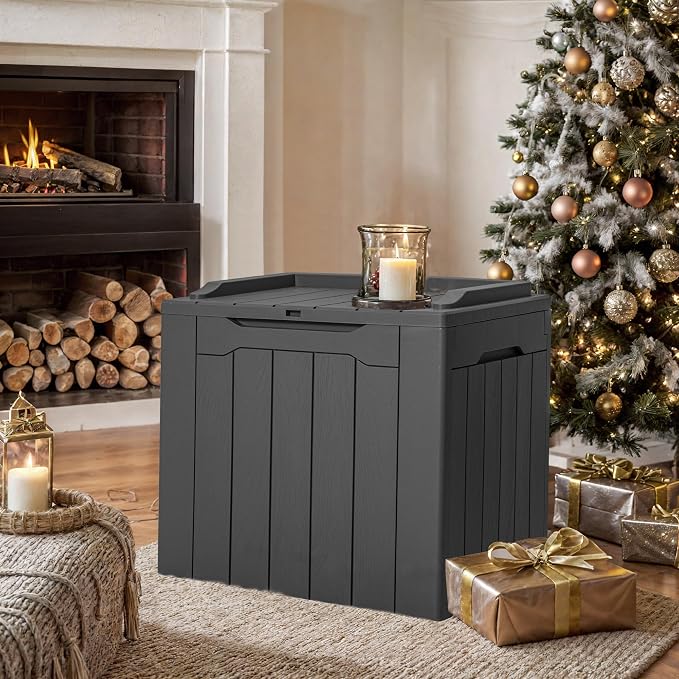 GUNJI 30 Gallon Small Deck Box Outdoor Waterproof Resin Storage Box Lockable Storage Container Outside Package Delivery Box (Gray)