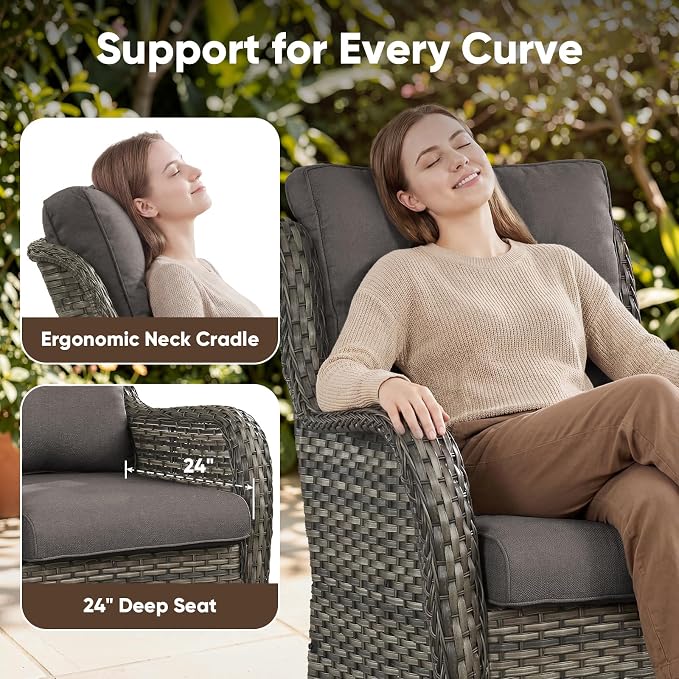 Belord 5 Piece Wicker Patio Furniture Set, Outdoor Swivel Rocker Chairs Set of 2 with Ottomans and 3 Seater Sofa, All Weather Patio Conversation Furniture Set, for Porch Pool, Gray Wicker/Gray